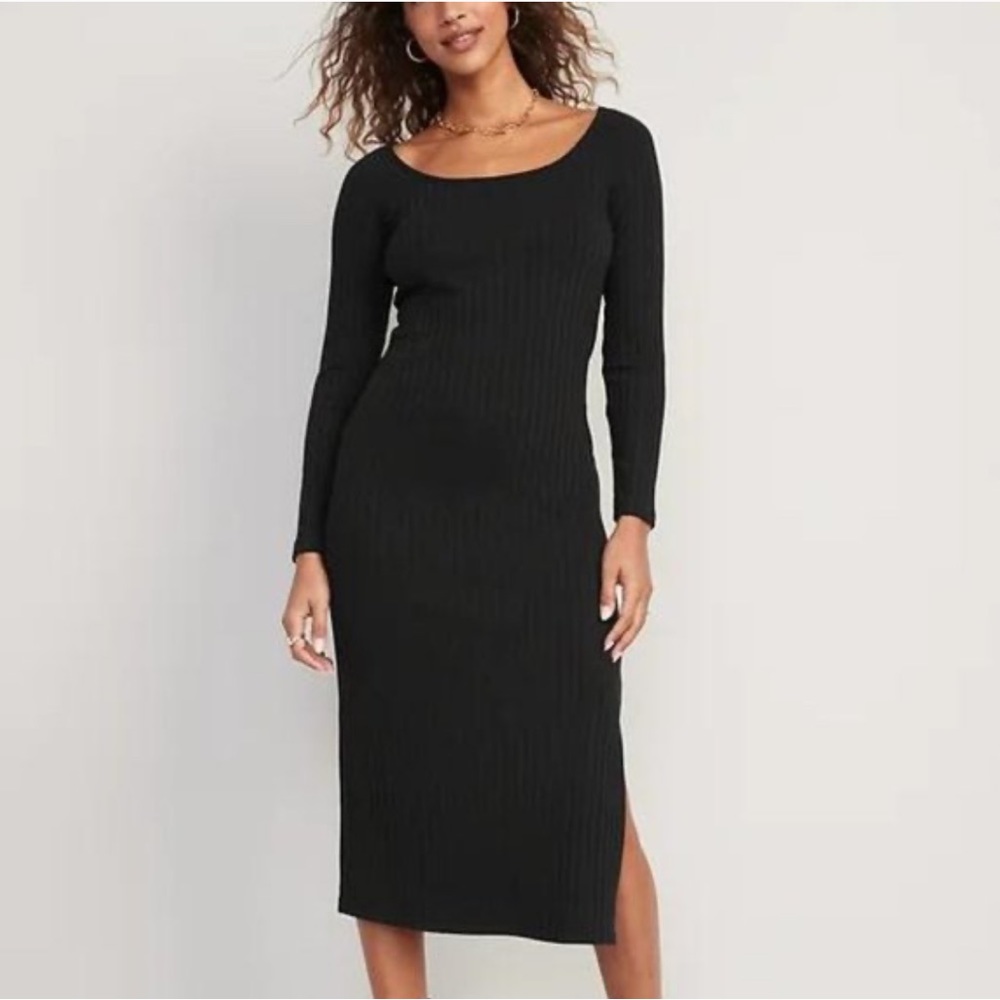 Fitted Long-Sleeve Rib-Knit Midi Dress for Women